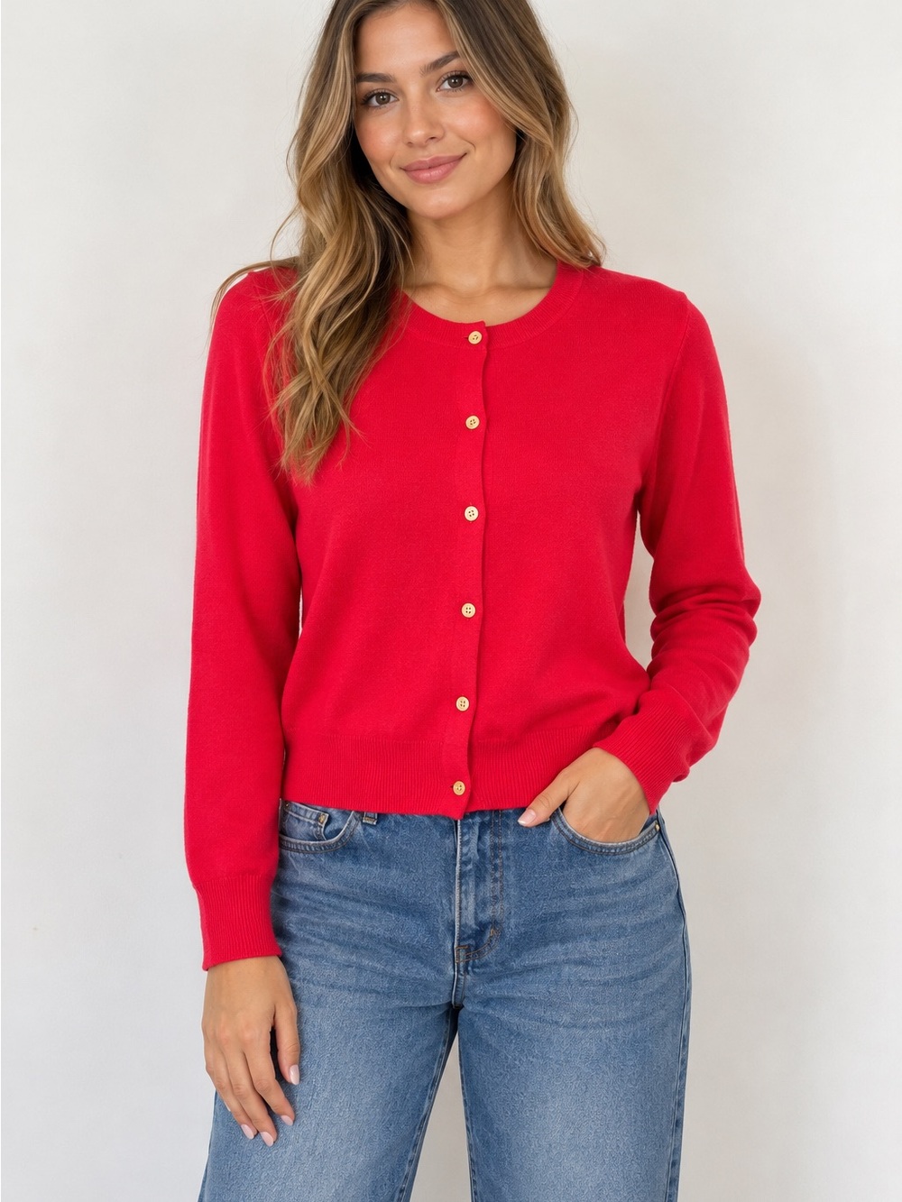 J. Crew Bright Red Button-Front Crewneck Cardigan